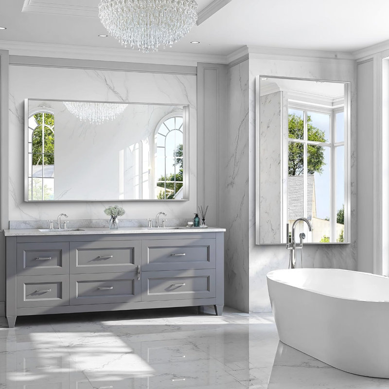 Miroir de salle de bain, miroir rectangulaire de 36 po x 60 po avec cadre en métal profond, finition brossée, verre trempé, grand miroir mural, sur 2 lavabos, installé verticalement / horizontalement, transparent