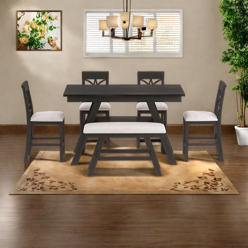 Ensemble de table de salle à manger 6 pièces à hauteur de comptoir en bois avec tablette de rangement, ensemble de table de cuisine avec banc et 4 chaises, style rustique