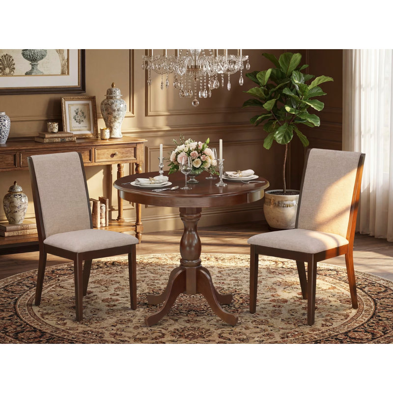 3 Piece Wooden Dining Table Set Contains 1 Round Pedestal Dining Table and 2 Light Tan Linen Fabric Dinning Room Chairs with High Back - Mahogany Finish