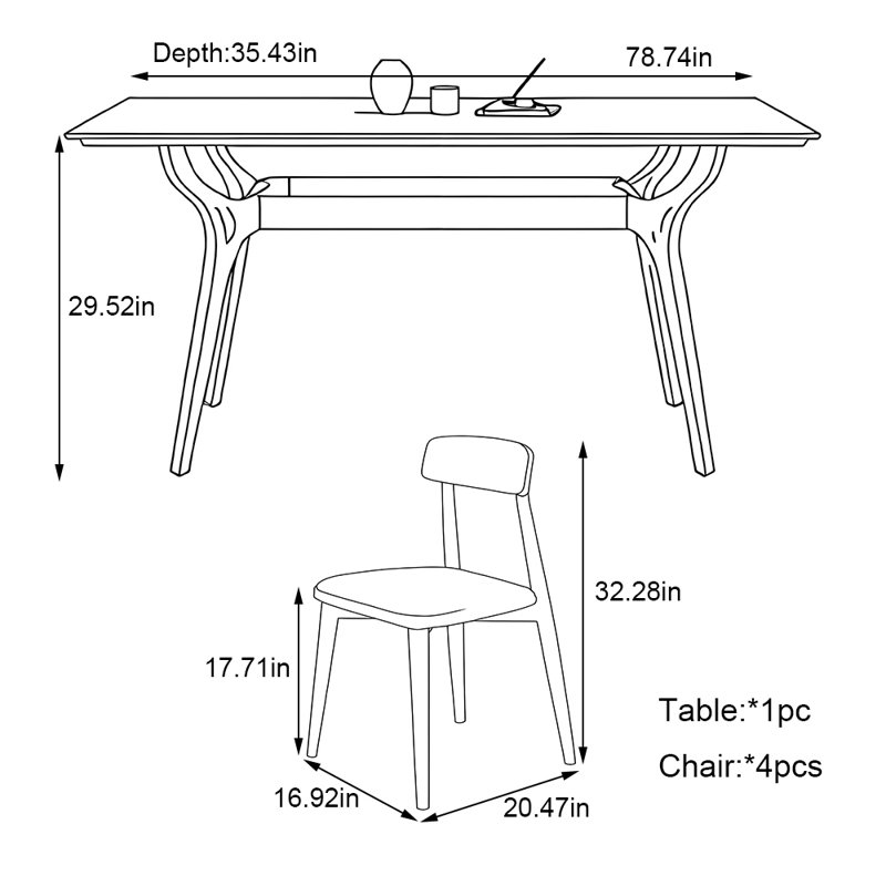 Small rectangular family dining table set, 29.52"H x 78.74"L x 35.43"W