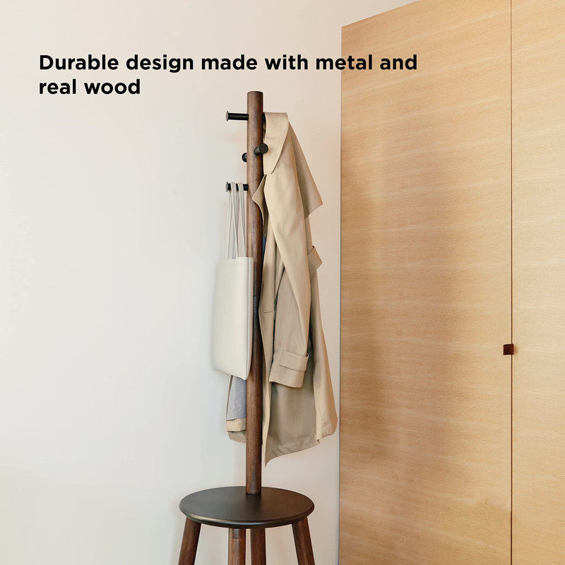 Black and Walnut Multifunctional Coat Rack with Integrated Stool