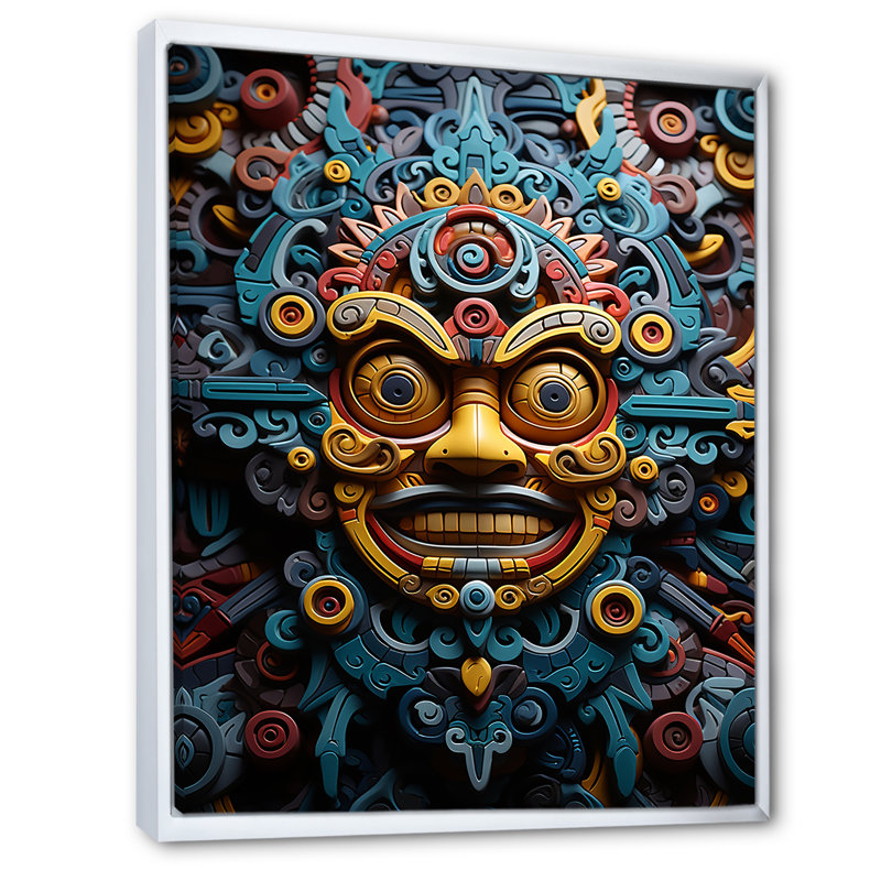 Masque aztèque Galrant, H 32 po x l 24 po x P 1 po, Cadre flottant blanc