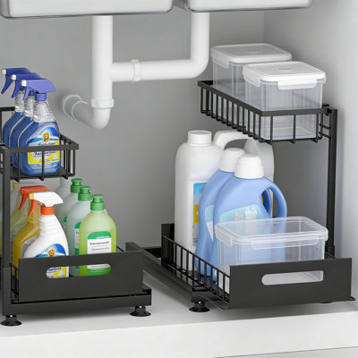 2-Pack 2-Tier Under Sink Organizer, Metal Pull-Out Racks, Height Adjustable For Kitchen And Bathroom