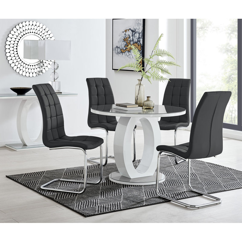 Scottsmoor Modern Halo Seat Round Dining Table Set - 4 Upholstered Faux Leather Dining Chairs, Black, Grey