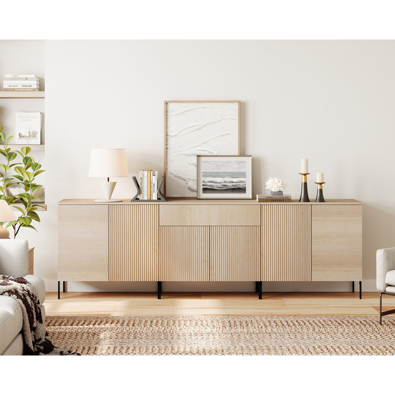 94.5" Reeded Accent Cabinet Set With Doors And Drawers, Modern Credenza Storage Cabinet With Adjustable Shelves For Living Room, Kitchen, Dining Room, Hallway