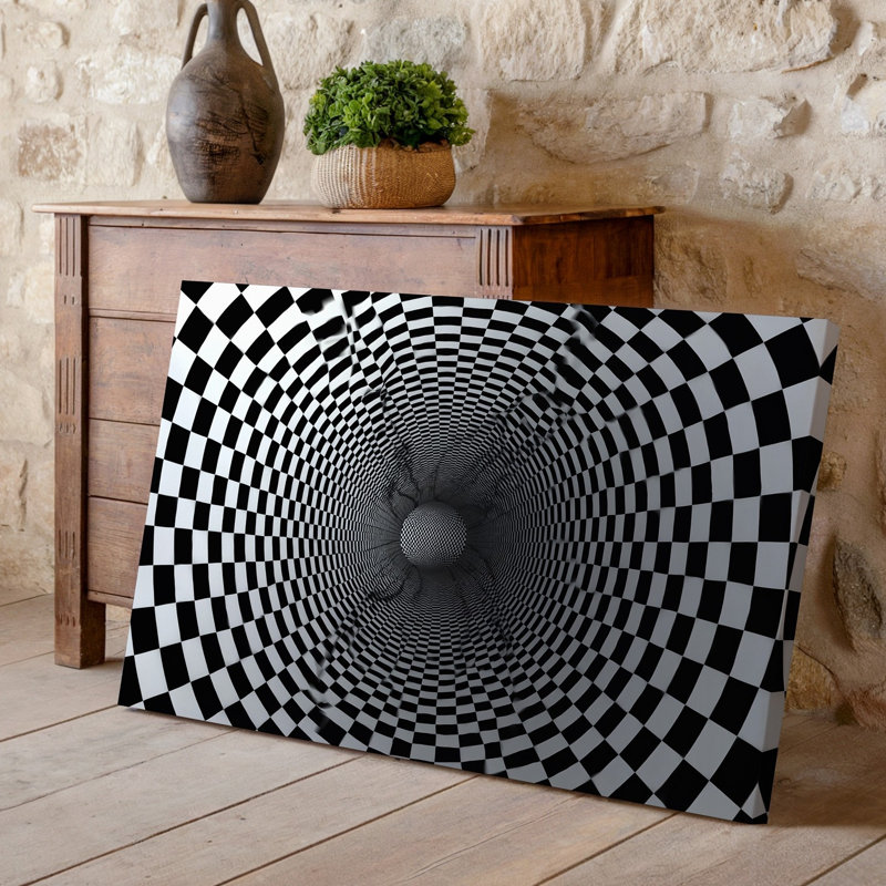La toile crée une illusion optique hypnotisante d'un vortex tridimensionnel avec un motif continu d'art sur toile noir et blanc