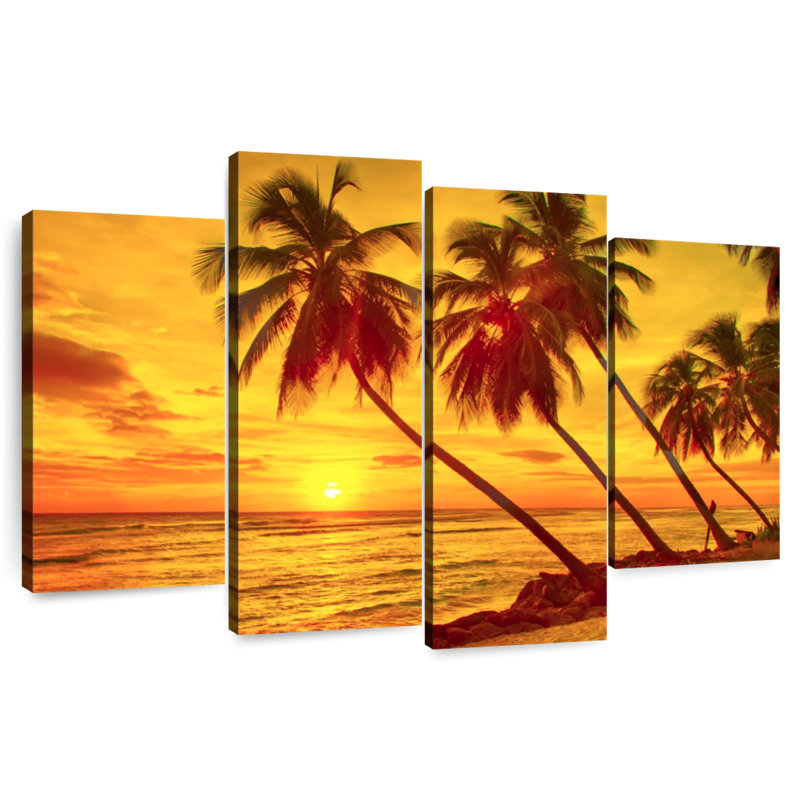 Gillard, Barbade, coucher de soleil, palmiers, H 48 po x l 75 po