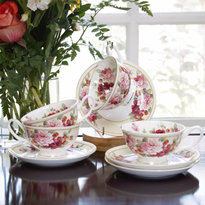 Bone China Peony and Strawberry Cream Teacups and Saucers, Set of 4
