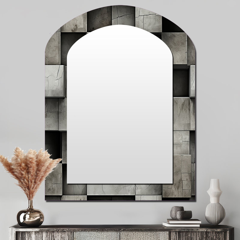 Illusion de mur architectural en béton - miroir unique en forme de brique, grand miroir mural asymétrique gris, impression d'art
