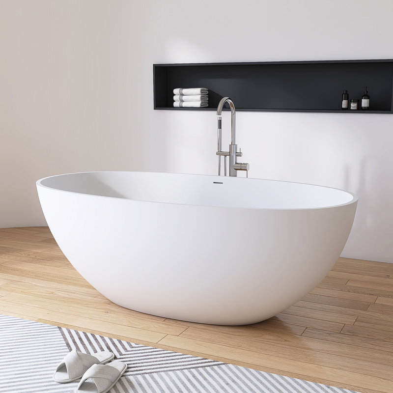  61'' x 30'' Freestanding Soaking Solid Surface Stone Resin Bathtub, White