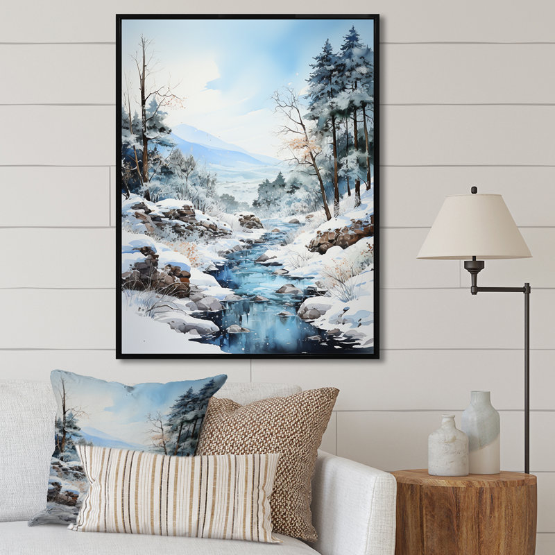 Minimalisme, paysage d'hiver au bord du lac III, sur toile, Cadre flottant noir, H 20 po x l 12 po