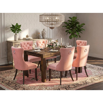 7 Piece Dining Table Set Contains a Rectangle Rustic Wood Kitchen Table and 6 Polyester Fabric Upholstered Chairs, 36x60 Inch, Distressed Jacobean