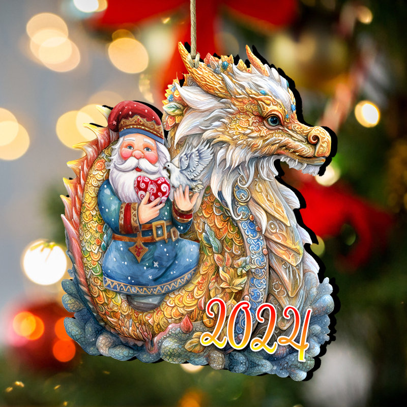 Ornement en bois Père Noël avec dragon