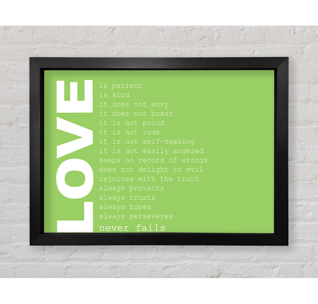 Loyalton Love Quote Love Never Fails Lime Green Gerahmter Druck Wandkunst