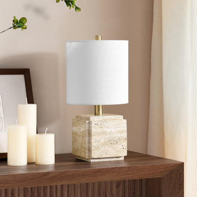 Kovac 16" Tall Stone Table Lamp with Fabric Shade in Grey Veined Travertine