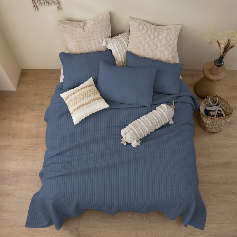 Ensemble de literie 3 pièces Waffle, Courtepointe grand + 2 couvre-oreillers standard, Bleu denim