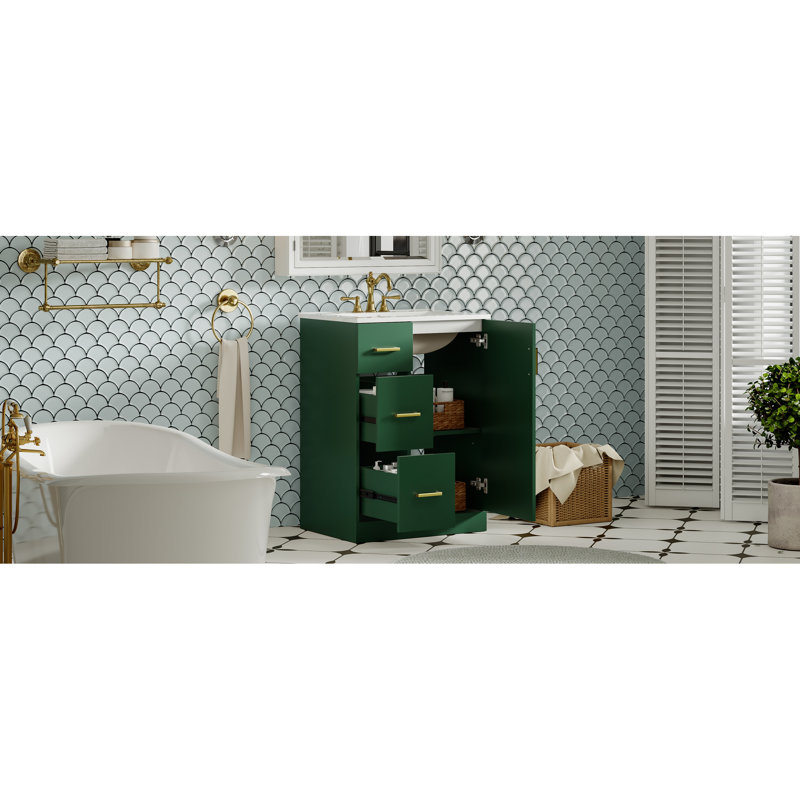Meuble-lavabo de 24 po avec lavabo, 2 tiroirs et porte à fermeture douce: quincaillerie à rayures verticales élégante pour un fonctionnement en douceur