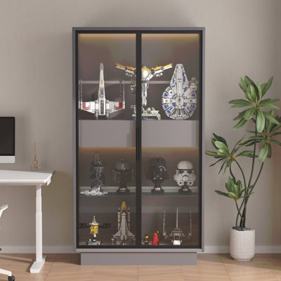 Vitrine autoportante 60,6 po avec 2 tiroirs de rangement, garde-manger en verre avec éclairage à DEL, bibliothèque ajustable moderne