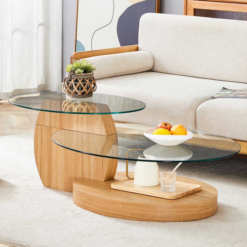 Table basse moderne à double couche de grain de bois moderne - Design polyvalent, plusieurs couleurs disponibles. Autocollant de panneau de densité, verre renforcé, comptoir ovale. W1151P233602