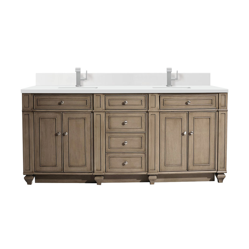 Meuble-lavabo double l 72 po Bristol, Noyer blanchi, Blanc Zeus, Trou unique
