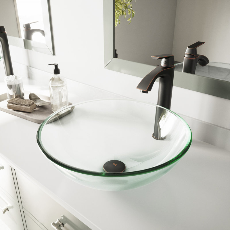 Giovanni 17" L x 17" W x 6" H Round Glass Vessel Bathroom Sink with 12" H Faucet, Brushed Nickel, Iridescent
