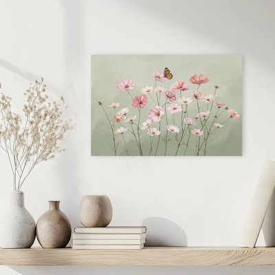 Pink Cosmos Butterfly Delicate Peaceful Serene Butterfly Flower Nature Wall Art Print 1 Piece Wrapped Canvas Wall Art