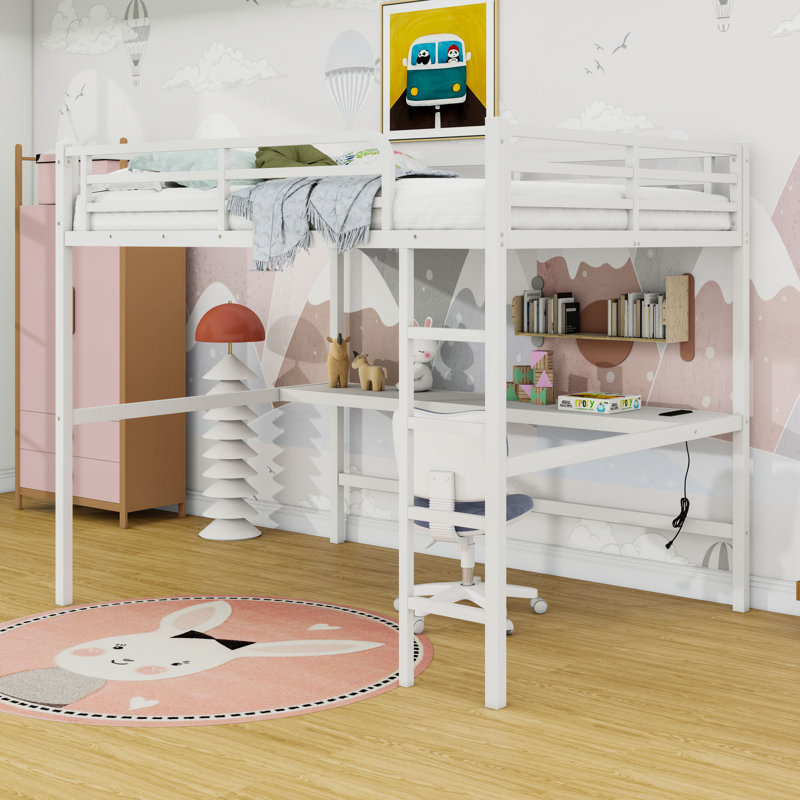 Queen Metal Loft Bed With Desk, Charging Station And LED Lights, White
