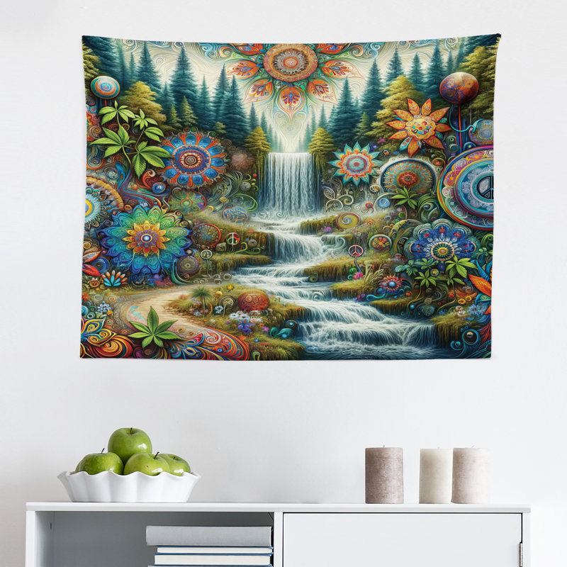 Winston Porter Trippy Wall Hanging Tapestry Wonderland Psychedelic Print Olive Green Multicolor, H 30 po x l 45 po