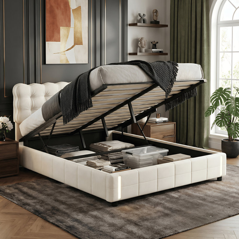 EU Double & King Size Velvet Ottoman Bed With Motion Sensor LED Lights, Upholstered Cloud Tufted Frame, Beige 