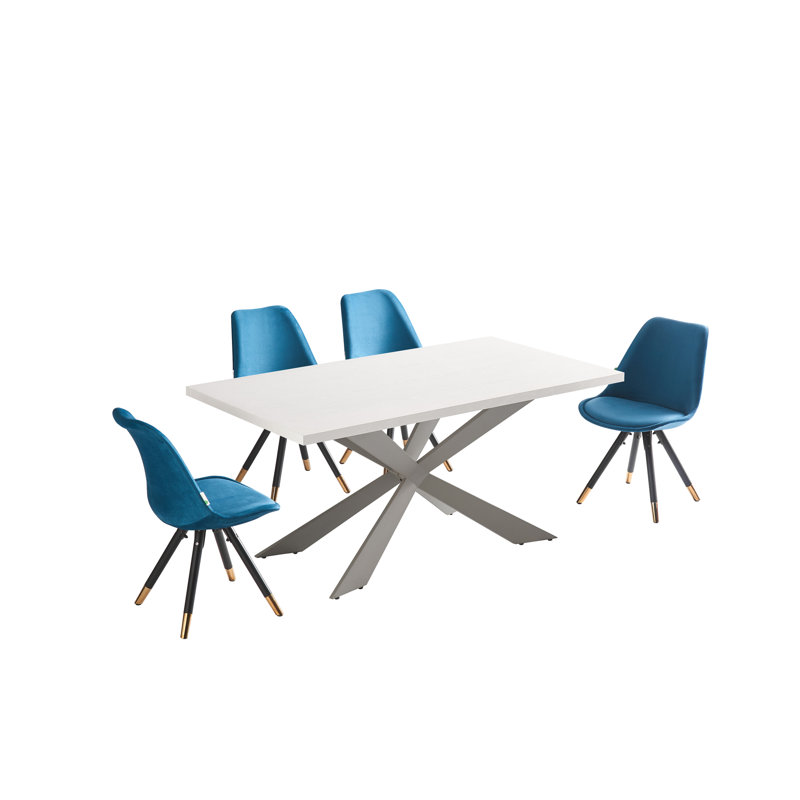 Guadelupe 4 Person Dining set - a Rectangular Wooden Dining Table with Metal Legs and a Set of 4 Quilted Velvet Dining Chairs for Dining Room - Modern Dining Table Set