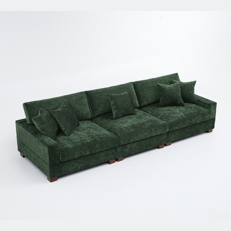 3 - Piece Upholstered Green Chenille Modular Sectional Sofa with Armrests & Throw Pillows, Green
