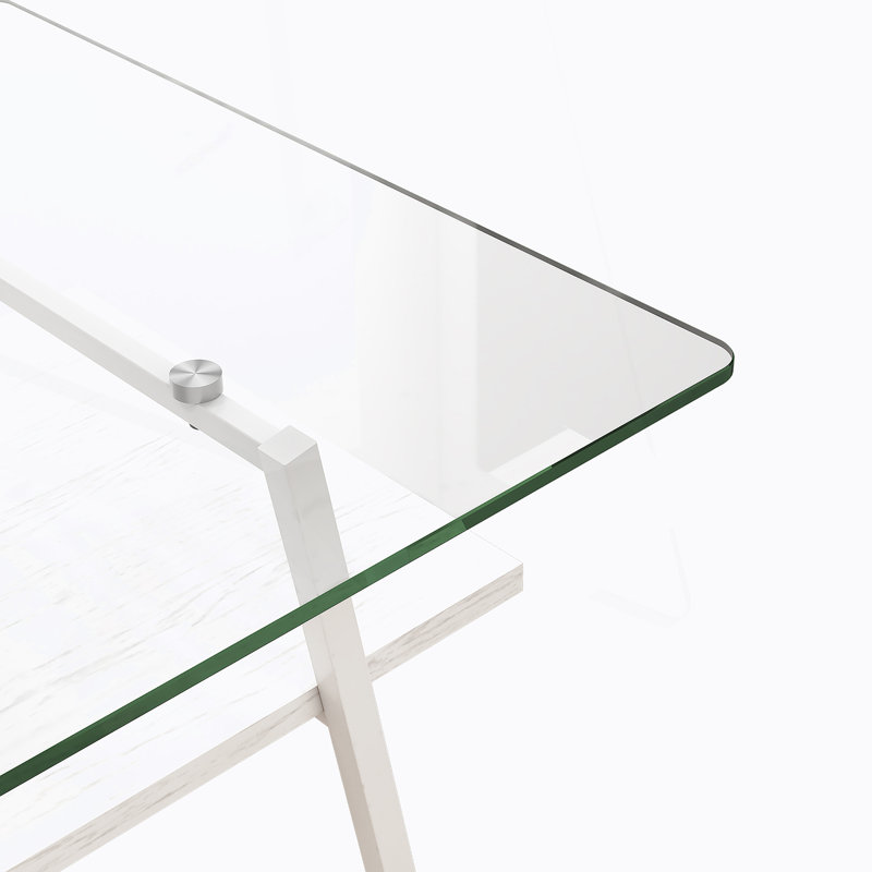 Table basse rectangulaire, plateau de table en verre trempé avec pieds en métal, Blanc, Transparent