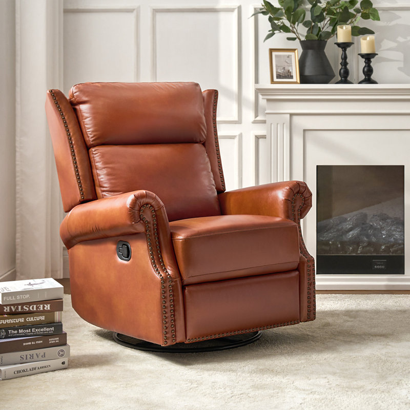 Hayliee Waxed Leather Swivel Glider and Rocker Recliner, Saddle