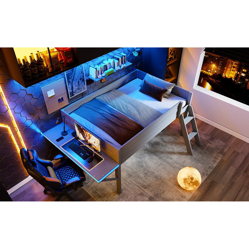Lit mezzanine gris avec bureau et DEL - Maximise l'efficacité du bois de style chambre à coucher pour une expérience confortable
