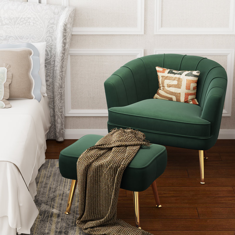 Latonia Upholstered Barrel Chair with Ottoman, Green Velvet