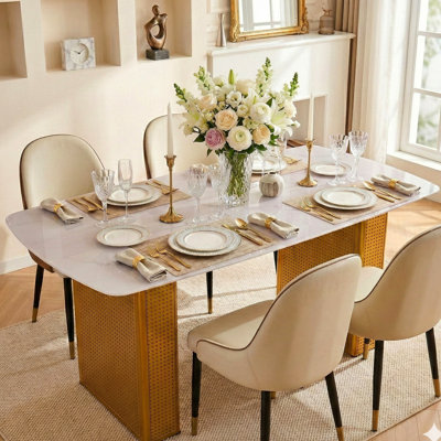 Tempered Glass Rectangular Dining Table With Marble Pattern And Gold Dual - Column Base, Providing Comfortable Seating Efficient Space Utilization, 26
