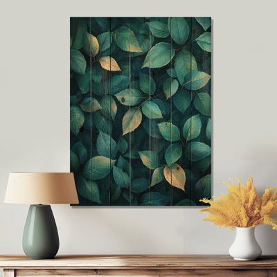 Emerald Green Leaves Lush Layers II - Art mural en bois de feuilles - sur bois de pin naturel