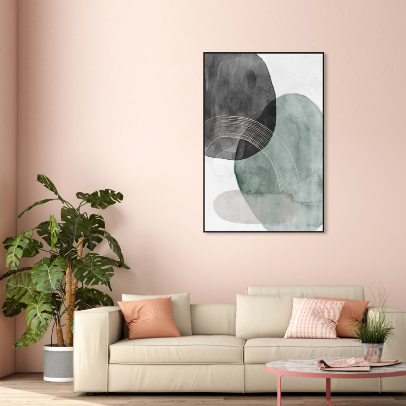 Abstrait vert solidaire géométrique - Peinture, H 54 po x l 36 po, Toile avec cadre noir