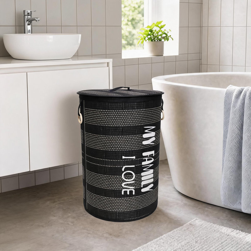 Panier à linge rond, panier à linge en bambou naturel avec poignées, Noir