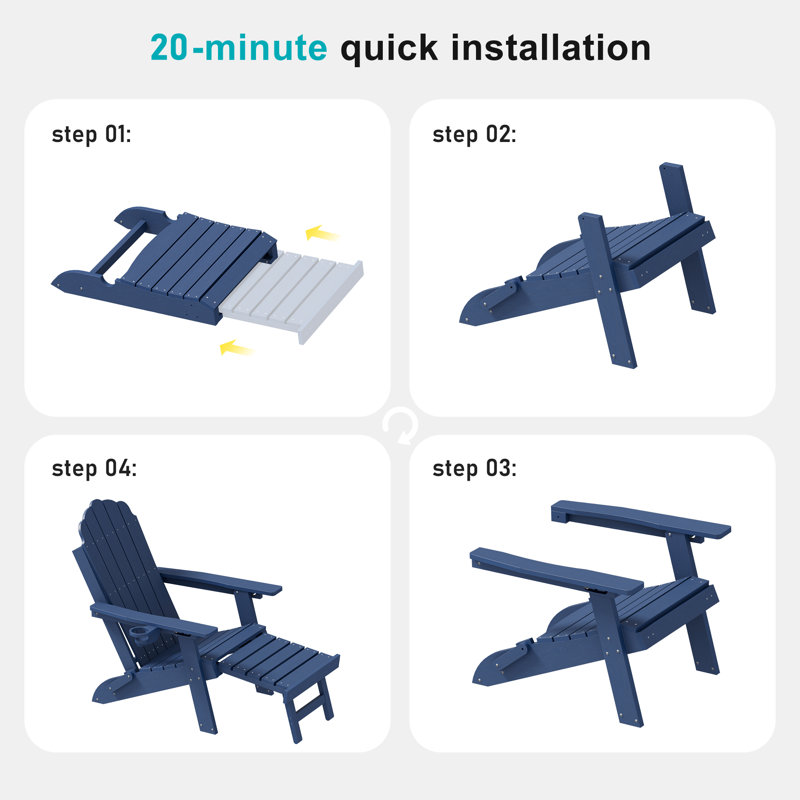 4 pièces de chaise Adirondack pour l'extérieur avec repose-pieds, Marine