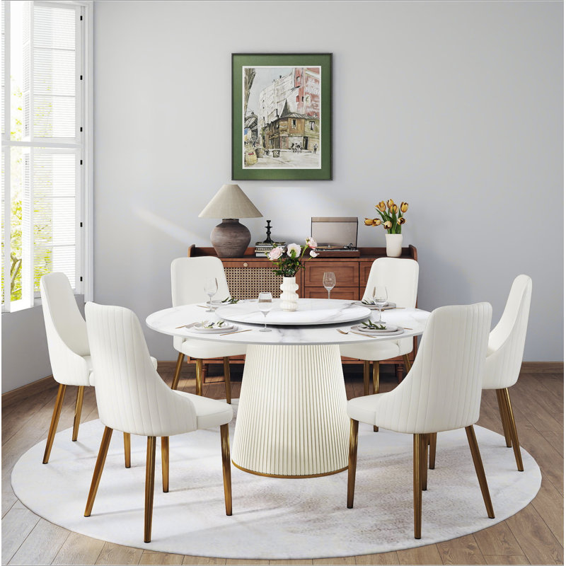 Table de salle à manger 59,05 po en pierre artificielle blanche ronde en contreplaqué beige avec base en polyuréthane pouvant accueillir 8 personnes