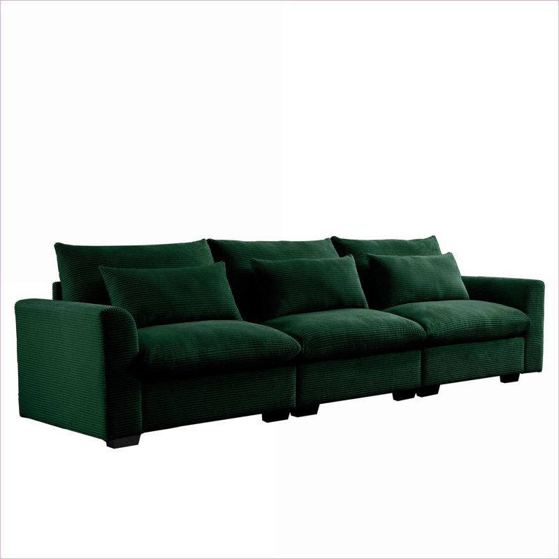 Canapés-lits, siège profond 3 places moderne pour salon, chambre à coucher et 3 coussins décoratifs | Vert | Velours côtelé