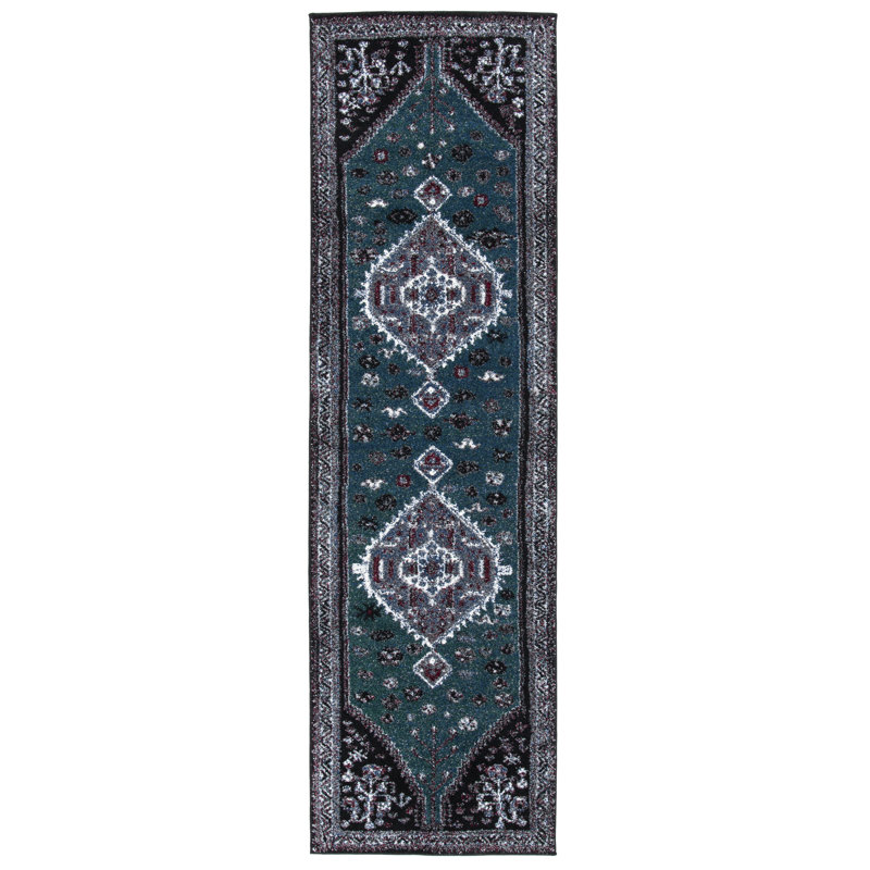 Tapis oriental vert / noir, Tapis de couloir 2 pi 3 po x 8 pi