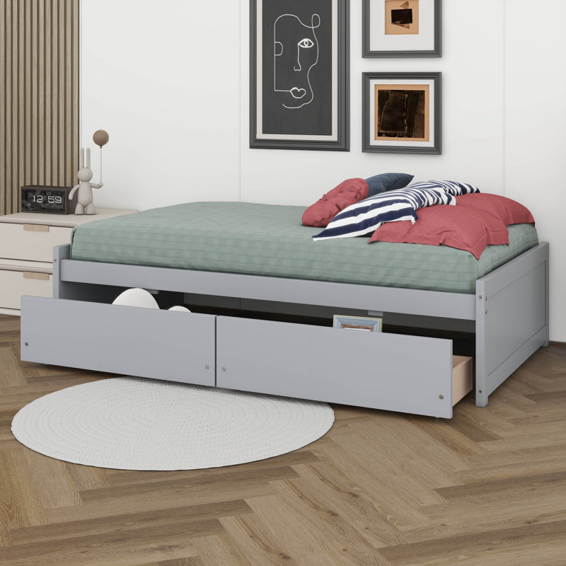 Lit plateforme simple avec rangement, bois d'hévéa massif, lit de jour avec tiroirs de rangement, cadre de lit d'angle, support à lattes en bois