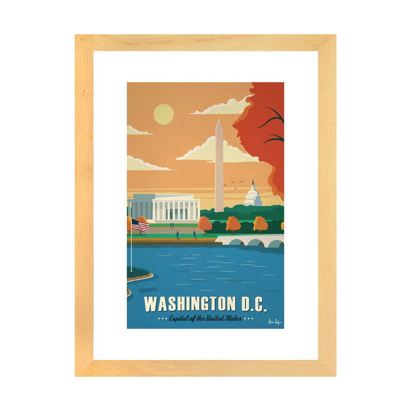 Washington D.C. - impression d'art graphique, H 32 po x l 24 po x P 1 po, Toile avec cadre en bois beige, Blanc