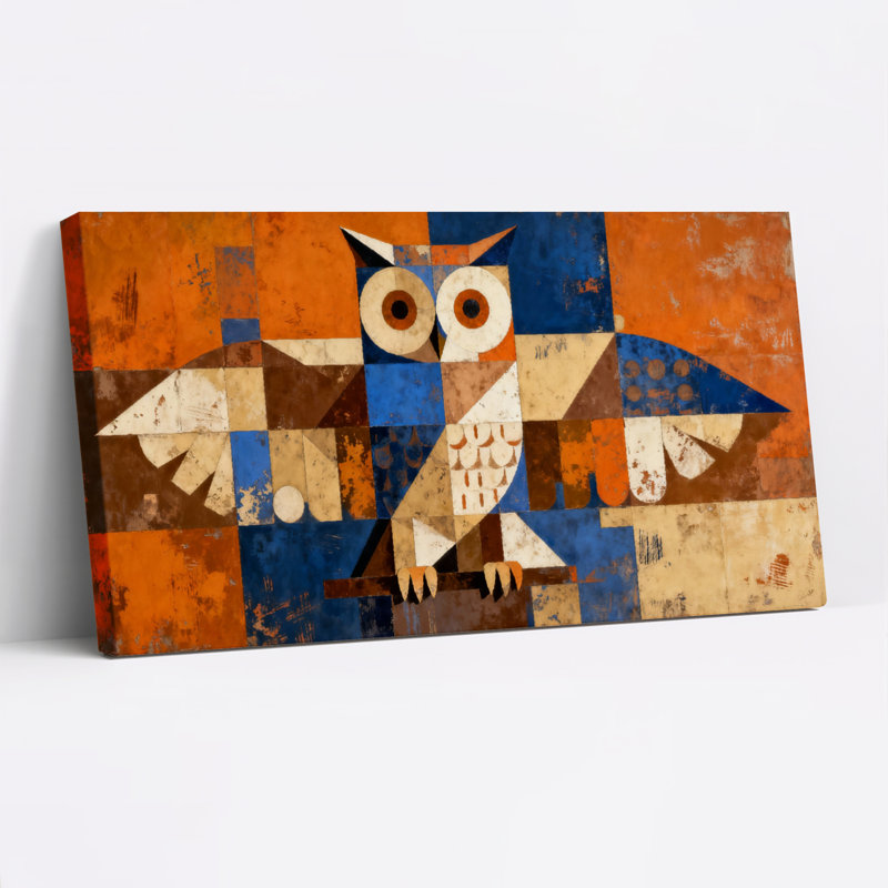 Ensemble de 1 tableau abstrait géométrique hibou sur toile tendue, H 24 po x l 48 po