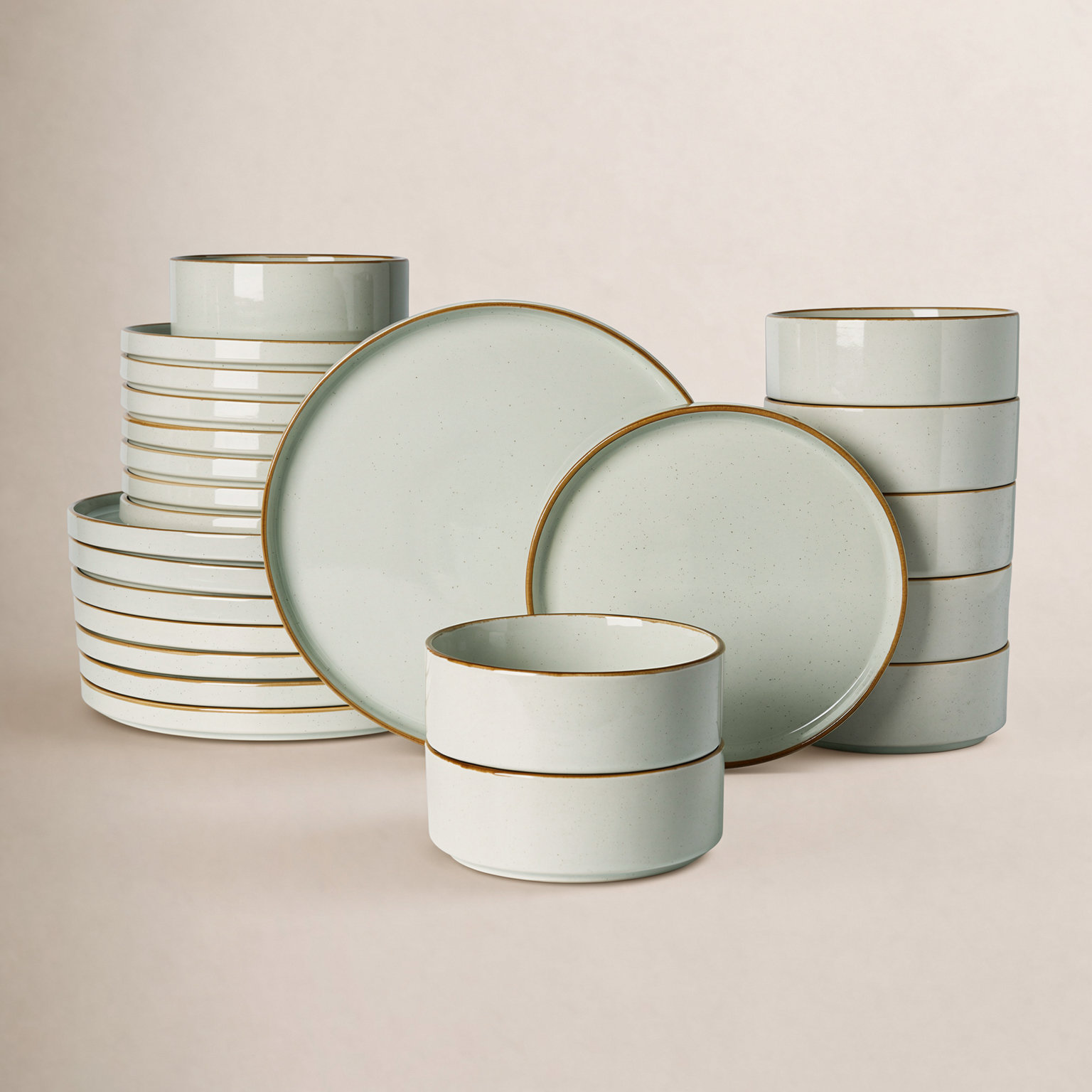Stoneware Dinnerware Set, Light Green with Brown Rim