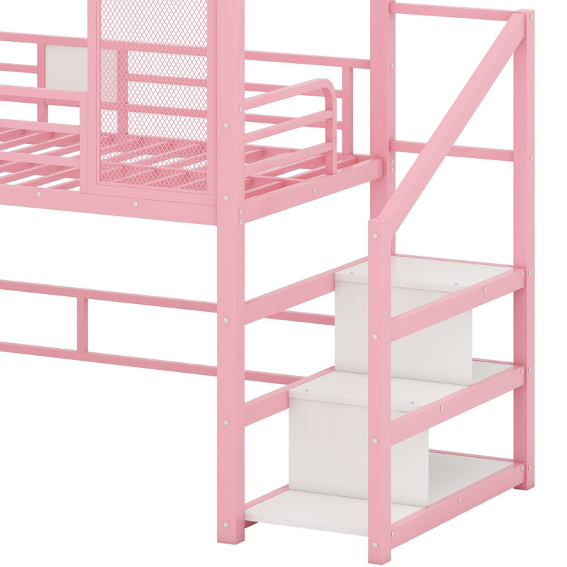 Metal House Loft Bed With Slide,Stairs And Storage Shelves, Pink