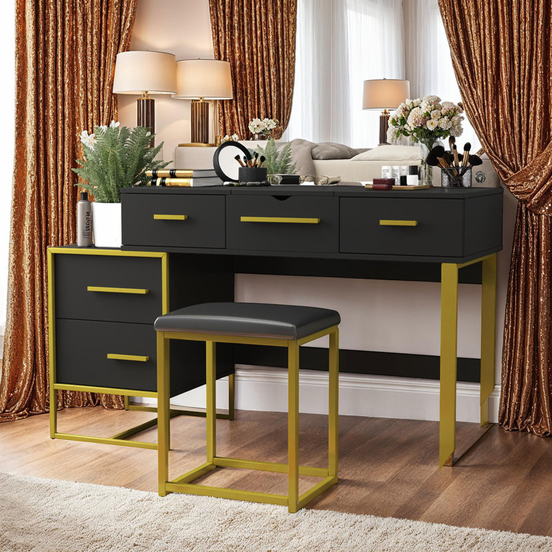 Ensemble de coiffeuse compacte avec 4 tiroirs, ensemble de coiffeuse à maquillage, Noir, noir, noir, noir