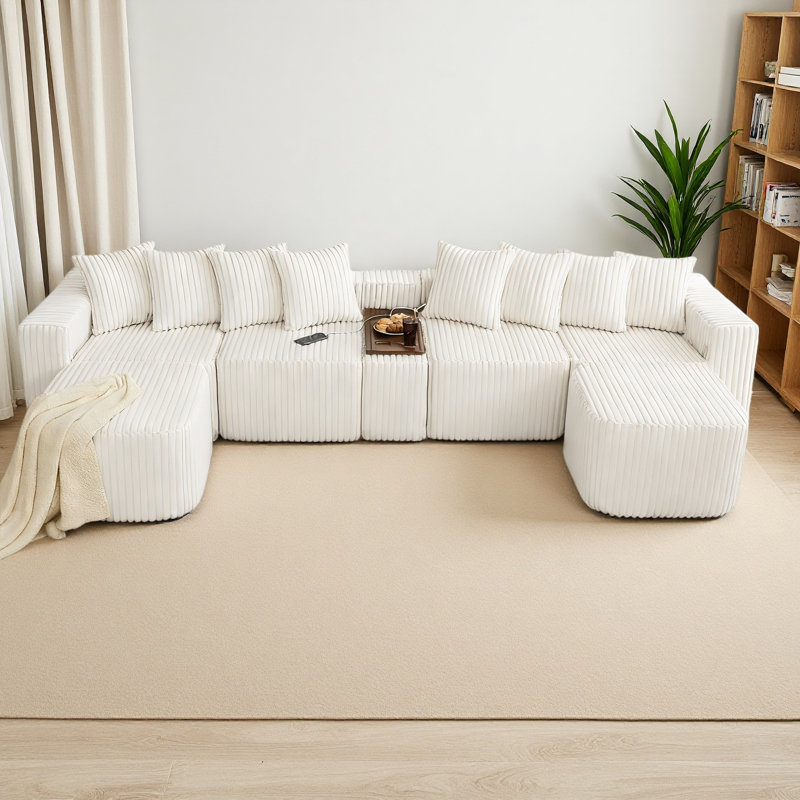 137.5" U Shaped Sofa , USB & Wireless Charge, Coffee Table Board With A Cup Holder, Oversize Movable Modular Sofa,Movable Footstool